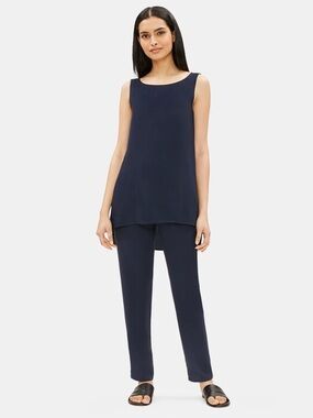 Eileen Fisher Navy Blue Silk Georgette Bateau Neck Sleeveless Tunic Top Shirt